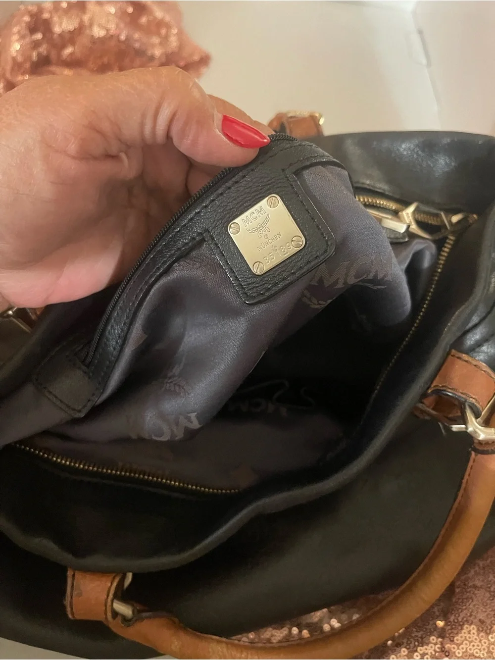 Vintage- MCM Black Leather Tote with Brown Trim and Gold Hardware